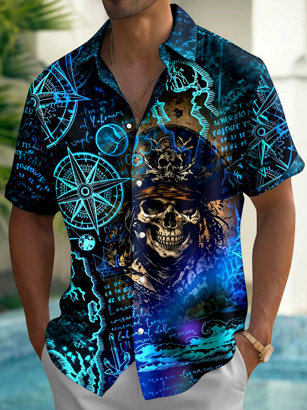 Dark Pirate Skull Captain Map Compass Men's Pocket Short Sleeve Shirts