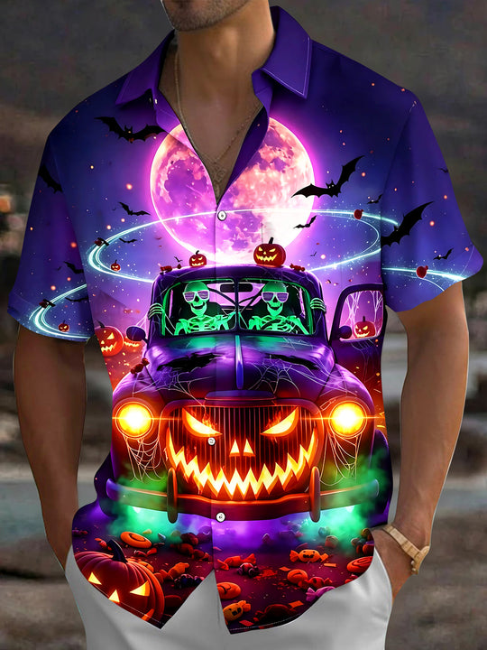 Halloween Skull Pumpkin Car Men's Pocket Short Sleeve Shirts