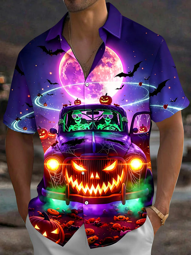 Halloween Skull Pumpkin Car Men's Pocket Short Sleeve Shirts