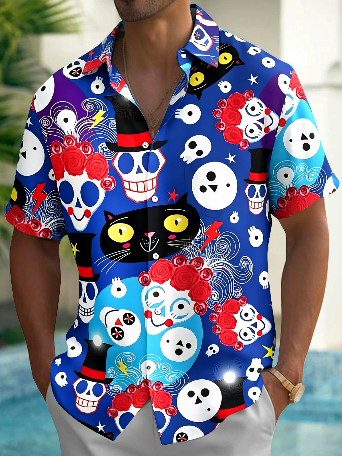 Adaychic Men's Floral Skull Cat Rose Print Short Sleeve Button Down Shirt with Chest Pocket