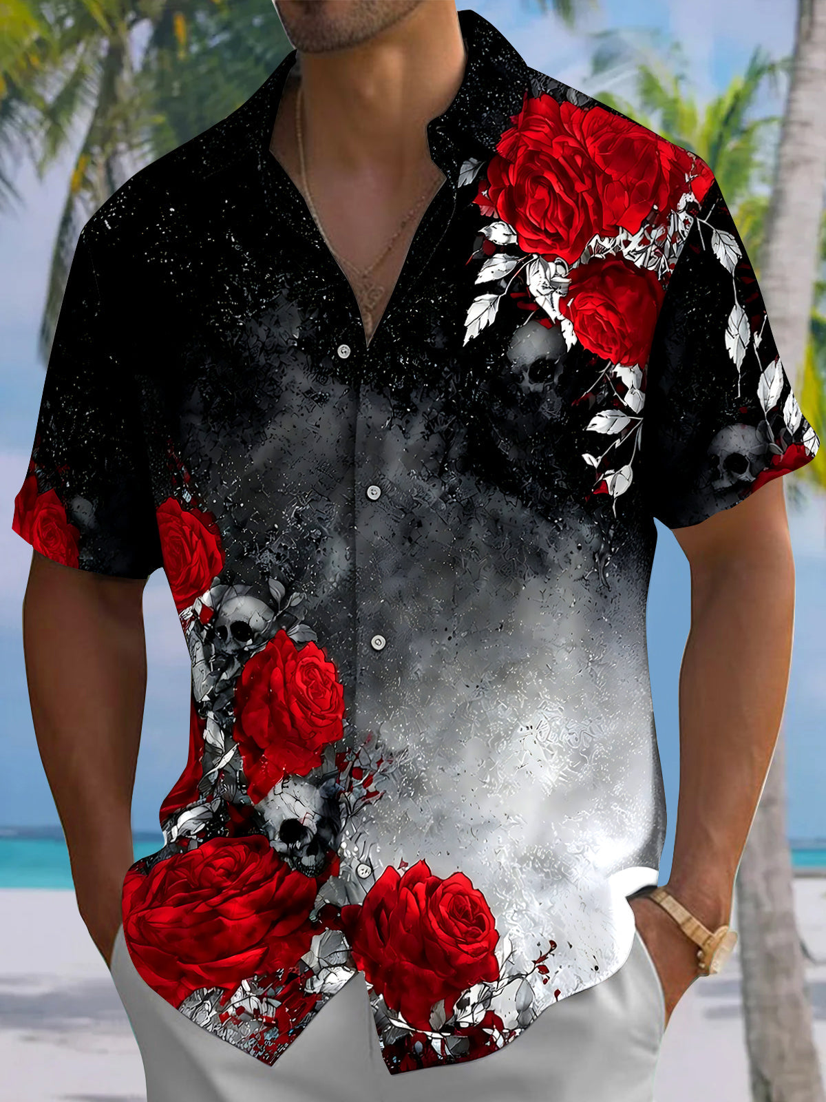 Adaychic Men's Floral Rose Skull Gradient Print Short Sleeve Button Down Shirt with Chest Pocket
