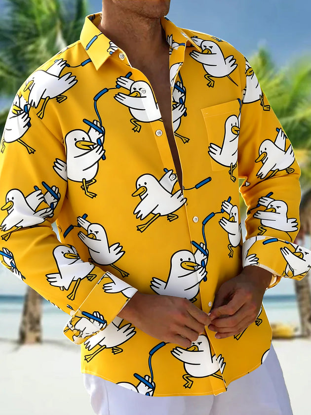 Funny Duck Nunchakus Men's Pocket Long Sleeve Shirts