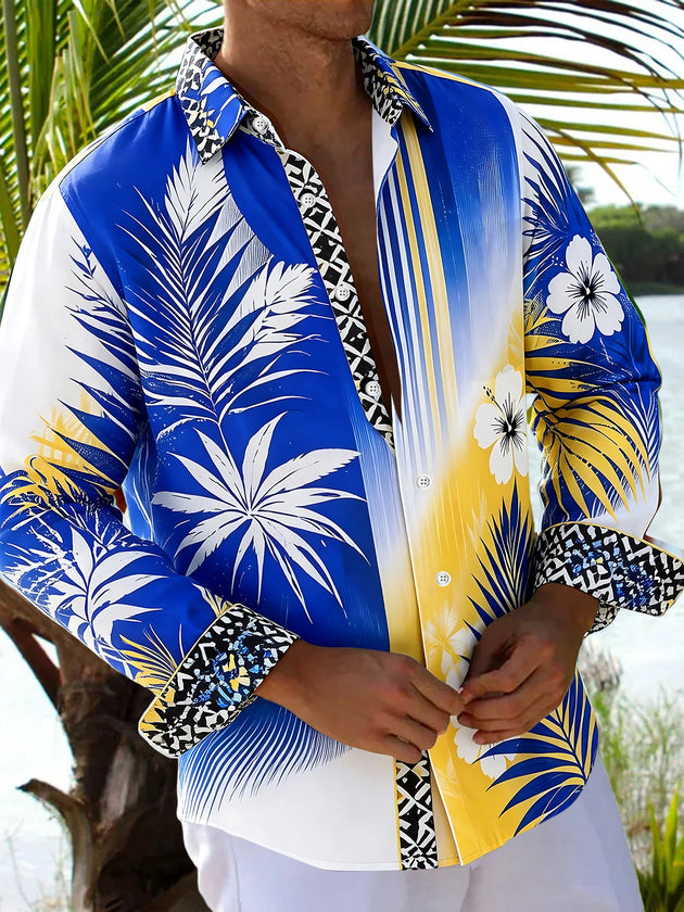 Hawaiian Leaf Floral Men's Pocket Long Sleeve Shirts