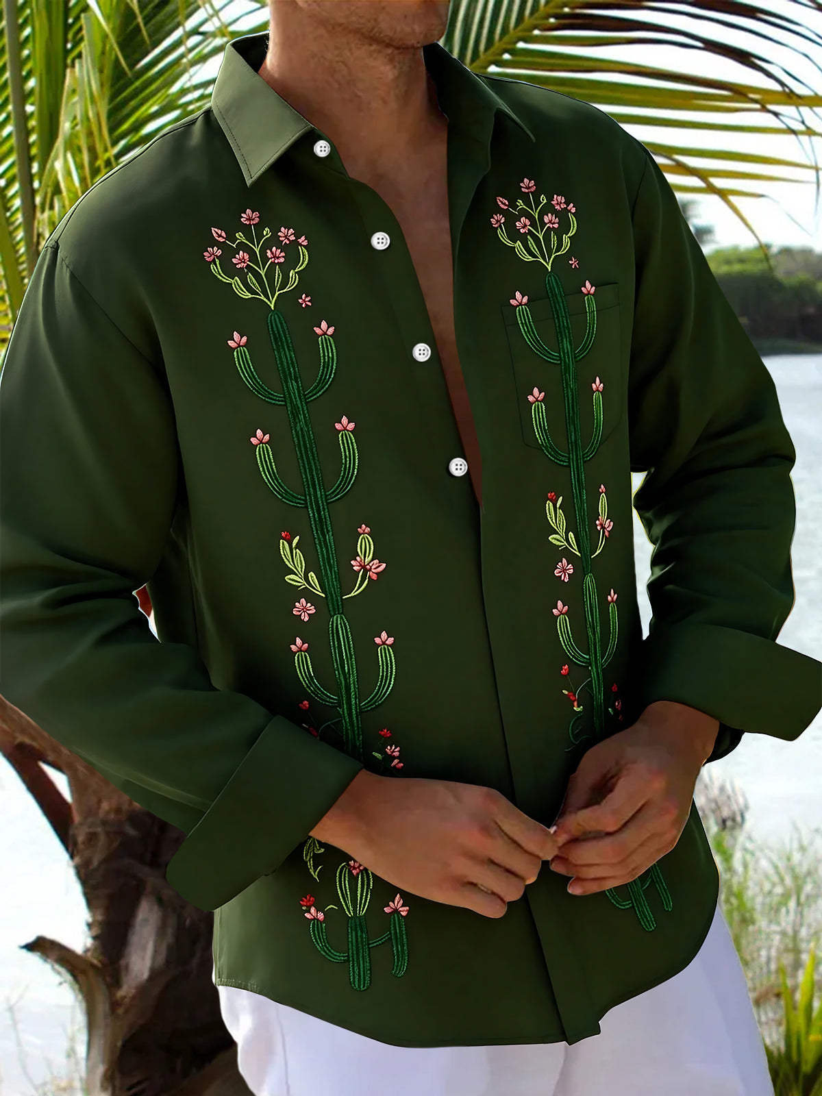 Western Cactus Men's Pocket Long Sleeve Shirts