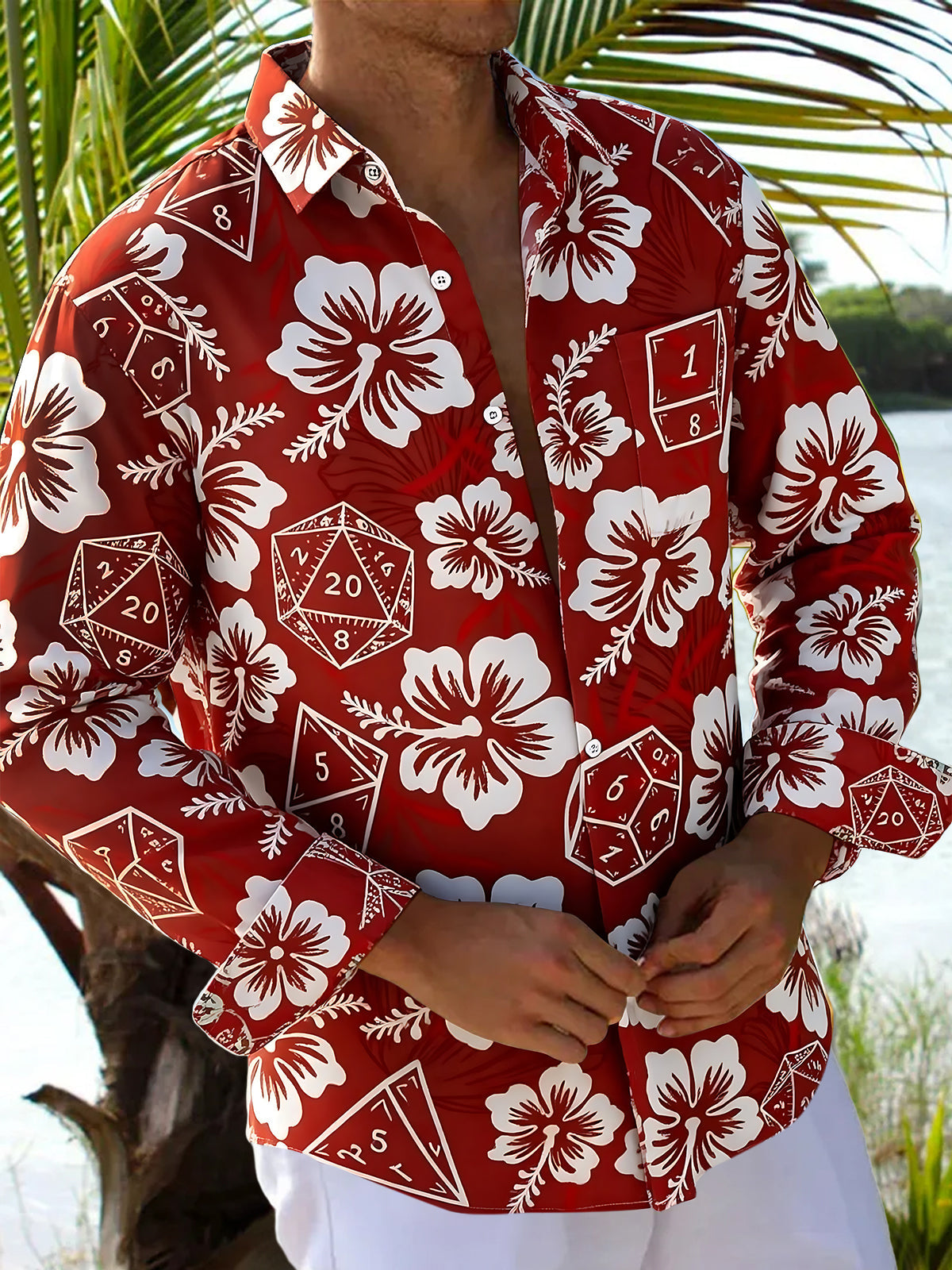 Adaychic Men's Floral Dice Print Long Sleeve Button Down Shirt with Chest Pocket