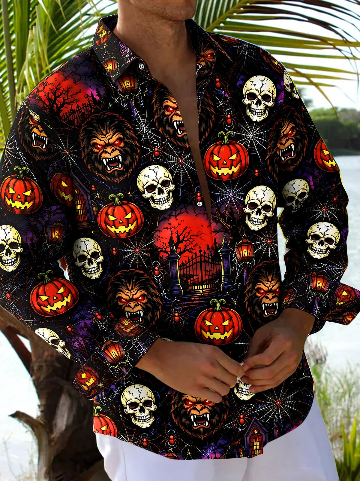 Adaychic Men's Skull Pumpkin Wolf Graphic Long Sleeve Button Down Shirt with Chest Pocket