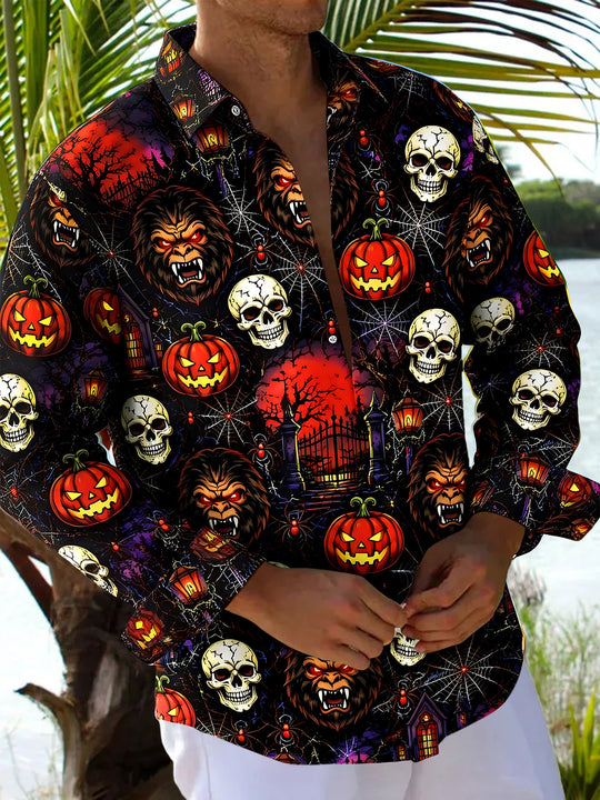 Halloween Dark Pumpkin Lion Spider Web Men's Pocket Long Sleeve Shirts