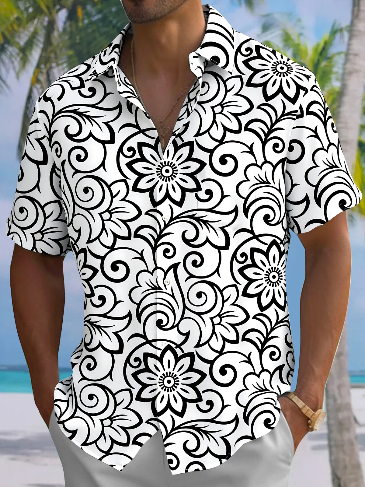 Adaychic Men's Hawaiian Black Floral Print Short Sleeve Shirt with Chest Pocket