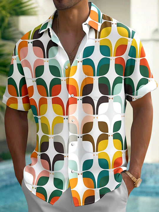 Adaychic Men's Abstract Geometric Shapes Print Short Sleeve Shirt with Chest Pocket