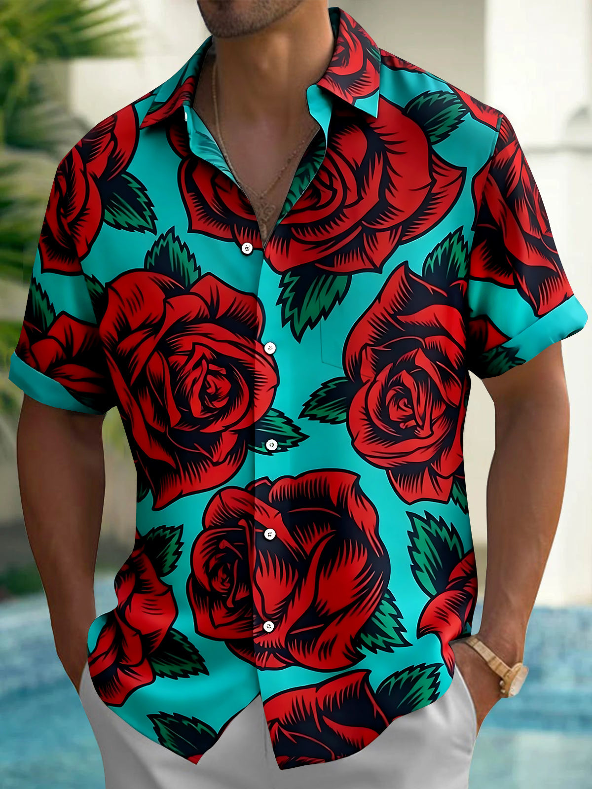 Adaychic Men's Hawaiian Red Rose Print Short Sleeve Shirt with Chest Pocket