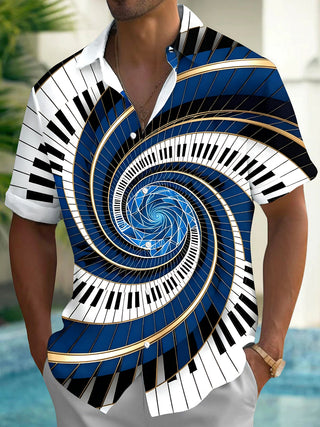 Adaychic Men's Graphic Spiral Piano Keys Print Short Sleeve Shirt with Chest Pocket
