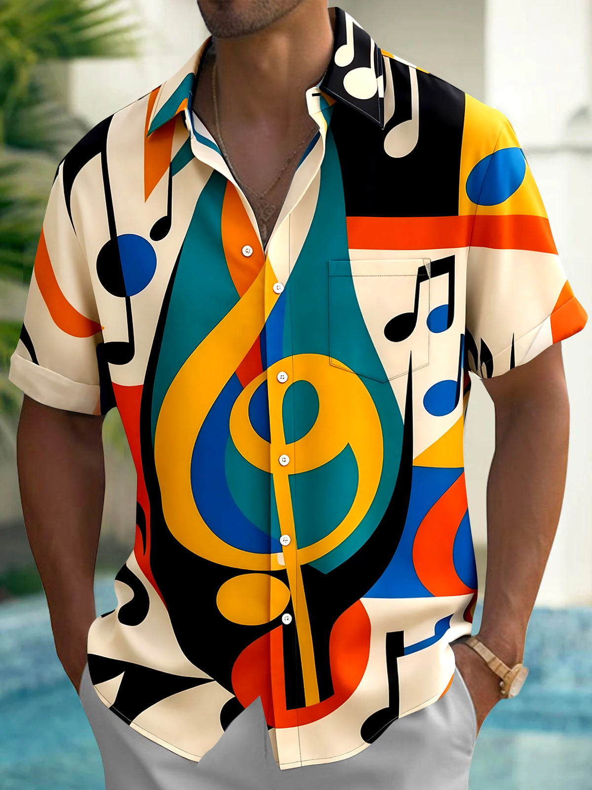 Adaychic Men's Graphic Musical Note Pattern Short Sleeve Shirt with Chest Pocket