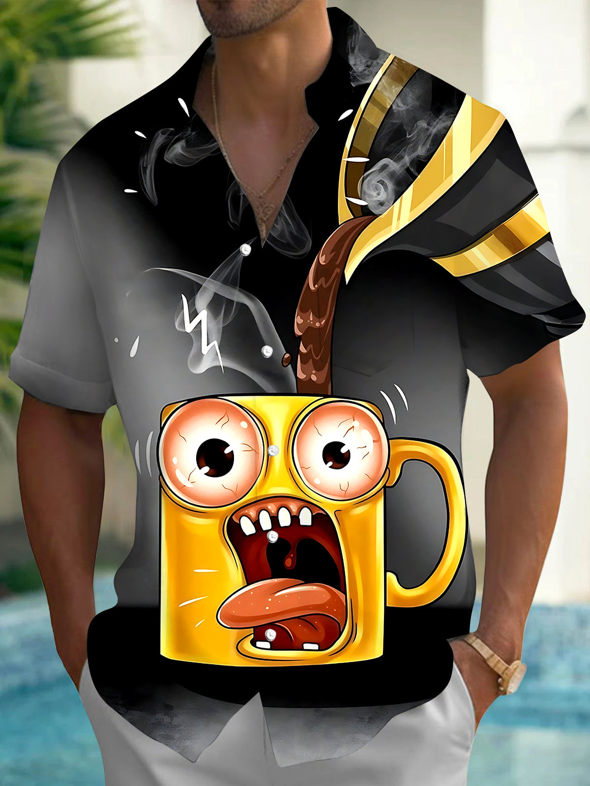 Adaychic Men's Graphic Crazy Coffee Mug Print Short Sleeve Shirt with Chest Pocket