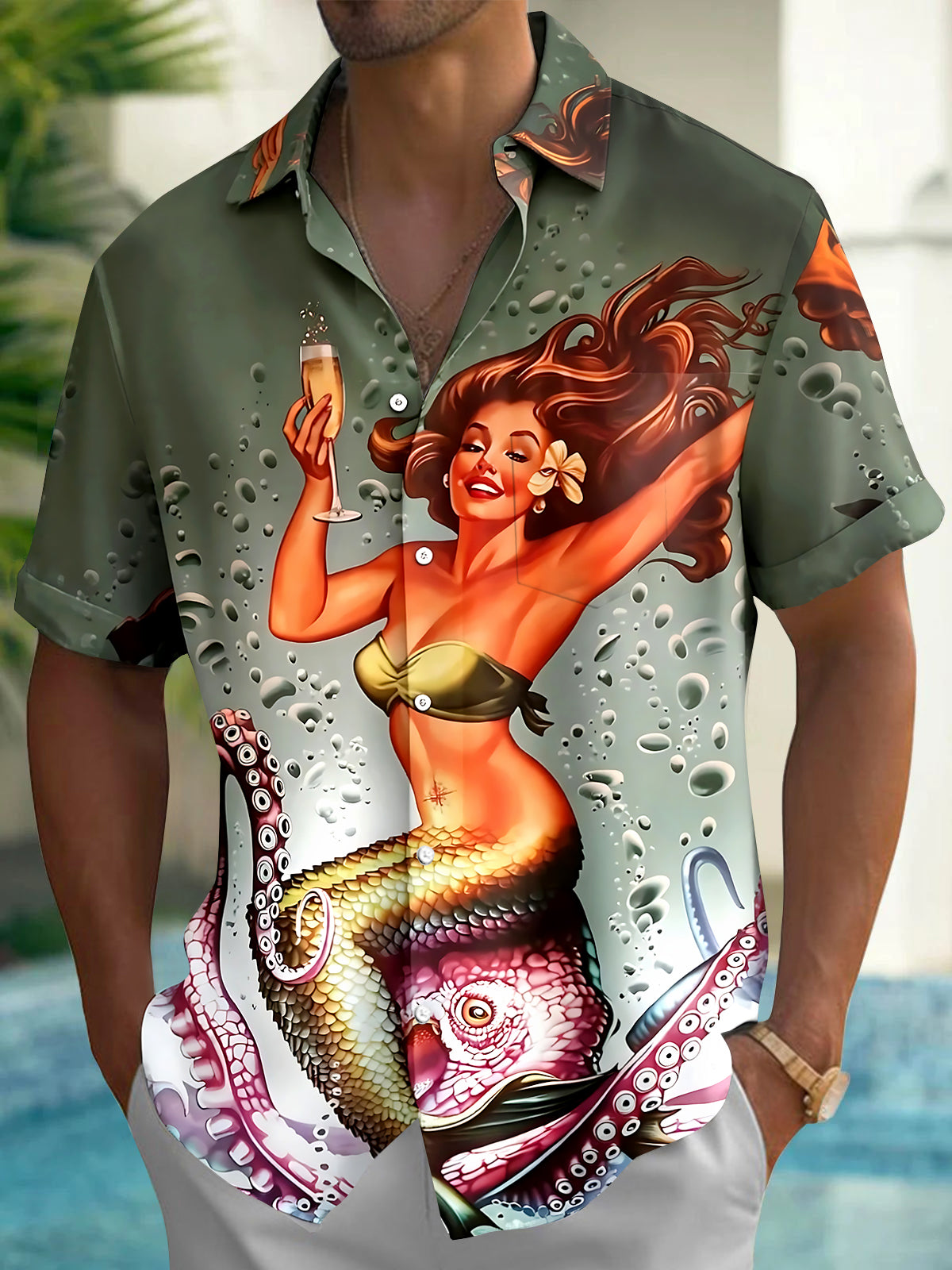 Adaychic Men's Mermaid With Octopus Tentacles Print Short Sleeve Shirt with Chest Pocket