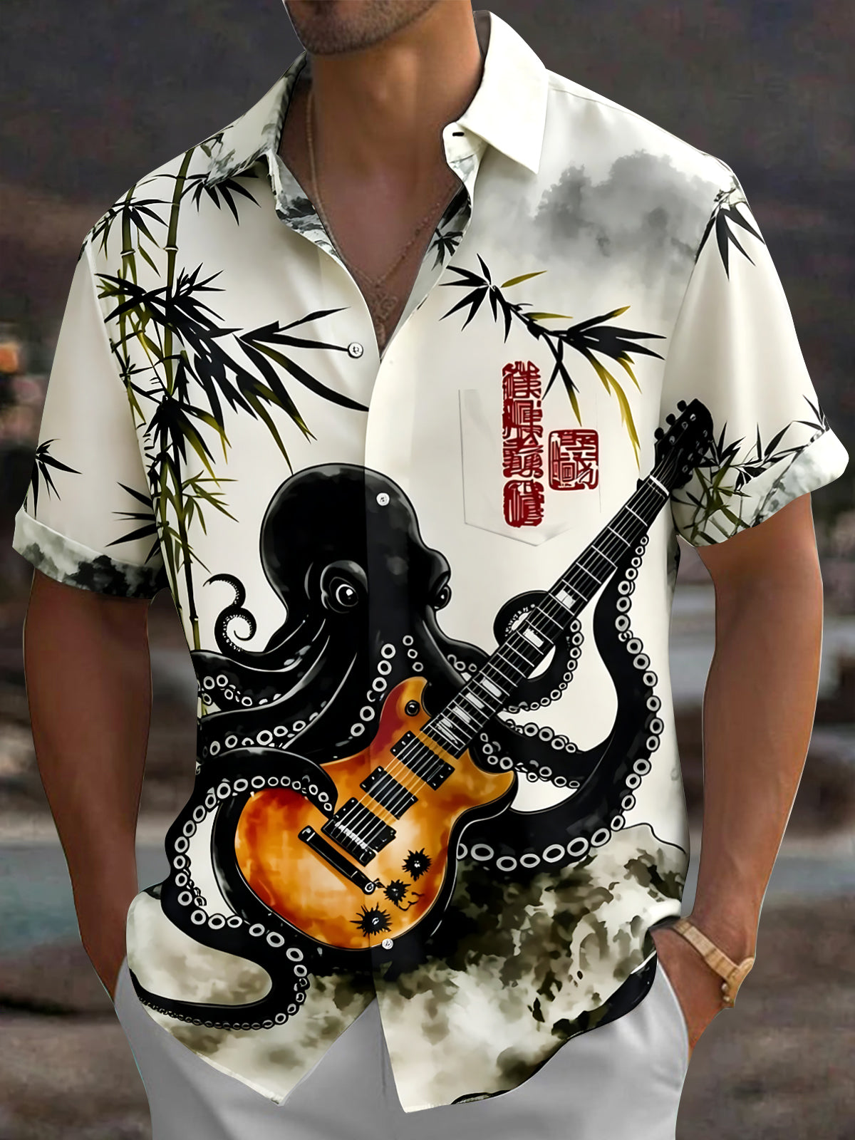 Adaychic Men's Octopus Playing Guitar Print Short Sleeve Shirt with Chest Pocket