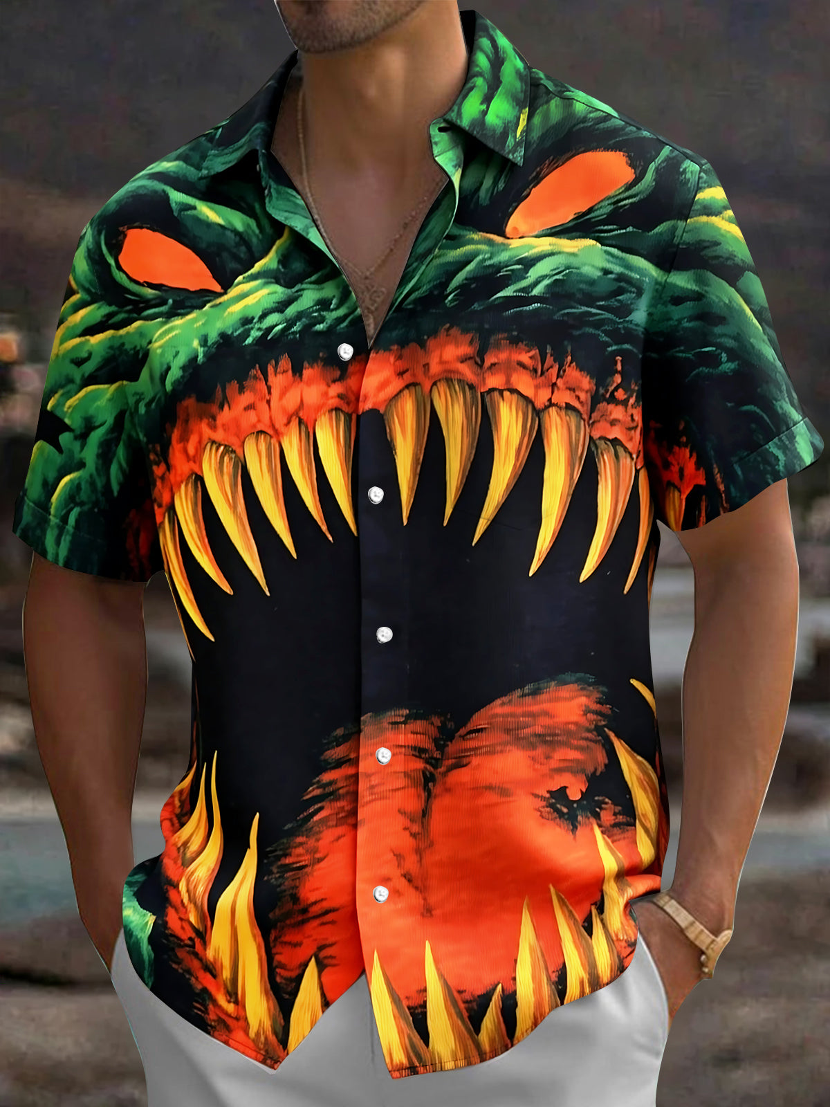 Adaychic Men's Graphic Monster Face Print Short Sleeve Shirt with Chest Pocket