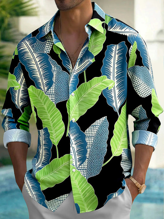 Adaychic Men's Hawaiian Large Tropical Leaves Print Long Sleeve Shirt with Chest Pocket