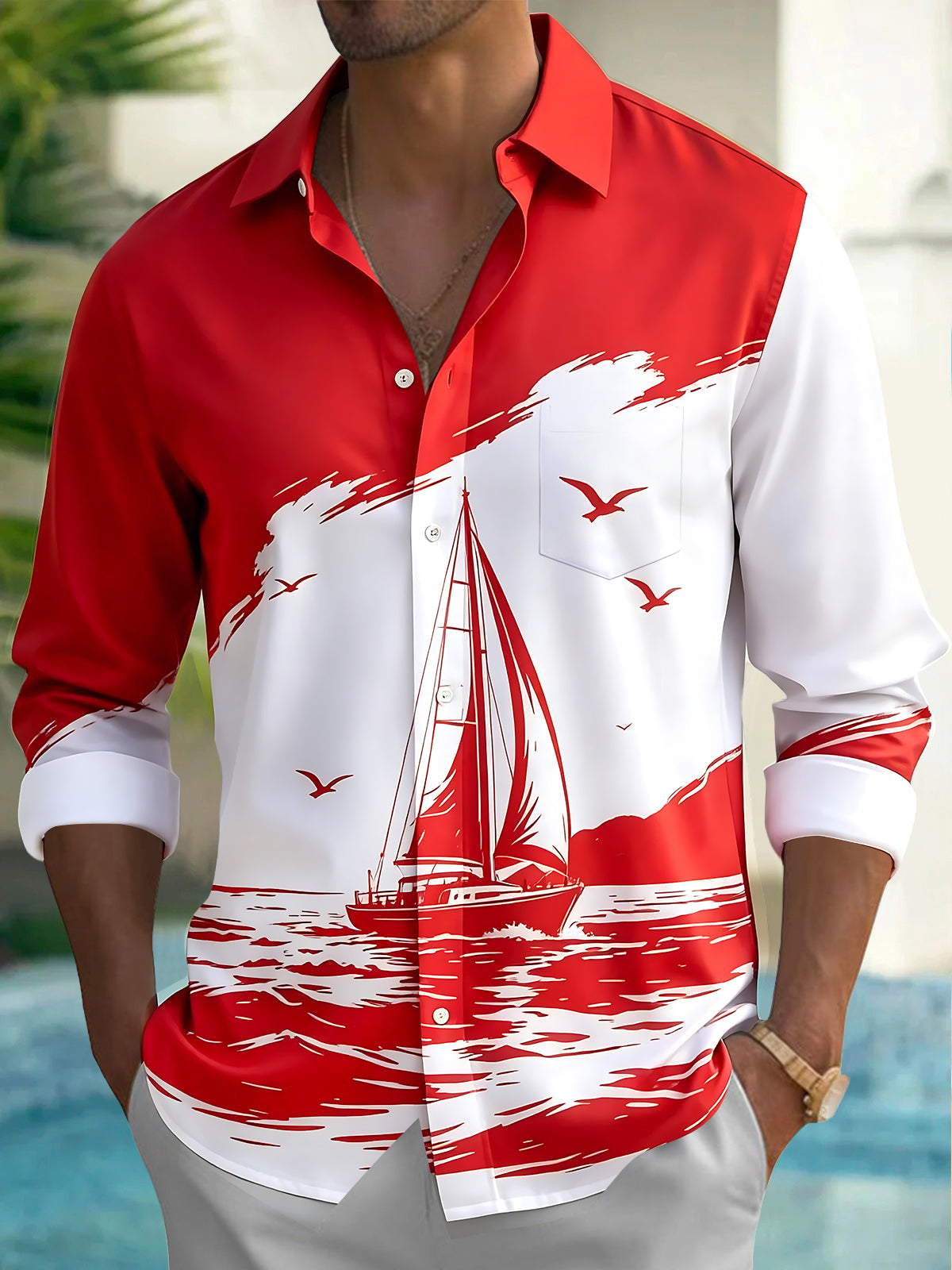 Adaychic Men's Hawaiian Sailing Boat Print Long Sleeve Shirt with Chest Pocket