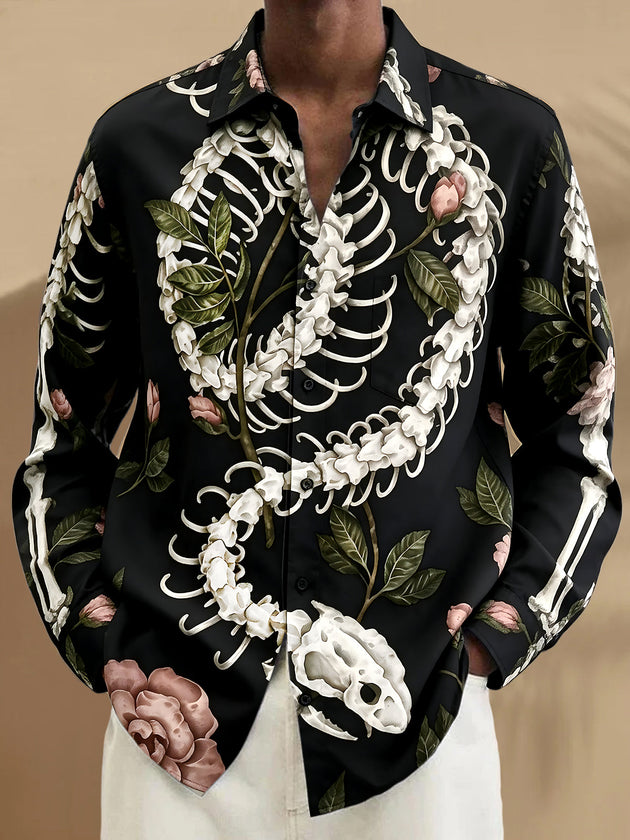 Vintage Dark Fish Bones Floral  Men's Pocket Long Sleeve Shirts
