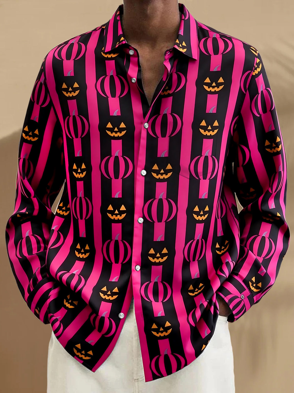 Adaychic Men's Striped Halloween Pumpkin Faces Print Long Sleeve Shirt with Chest Pocket