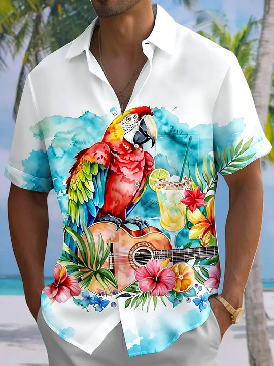 Adaychic Men's Hawaiian Colorful Parrot Print Short Sleeve Shirt with Chest Pocket