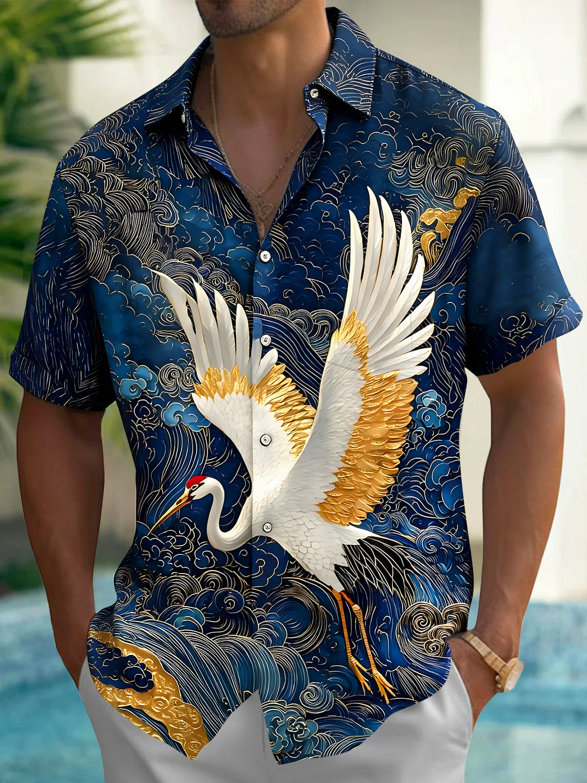 Adaychic Men's Hawaiian Golden Crane Print Short Sleeve Shirt with Chest Pocket