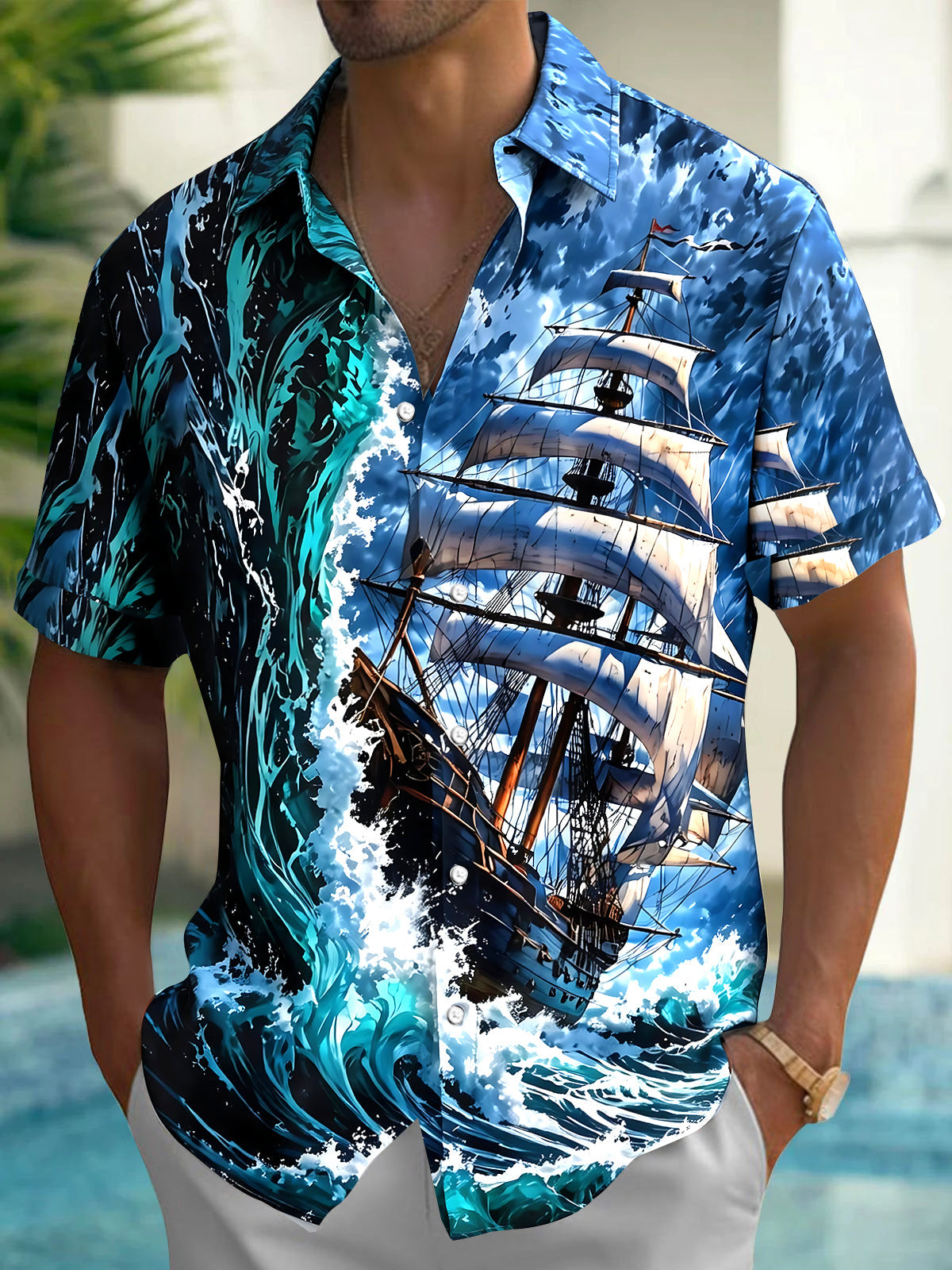 Adaychic Men's Hawaiian Sailing Ship Print Short Sleeve Shirt with Chest Pocket