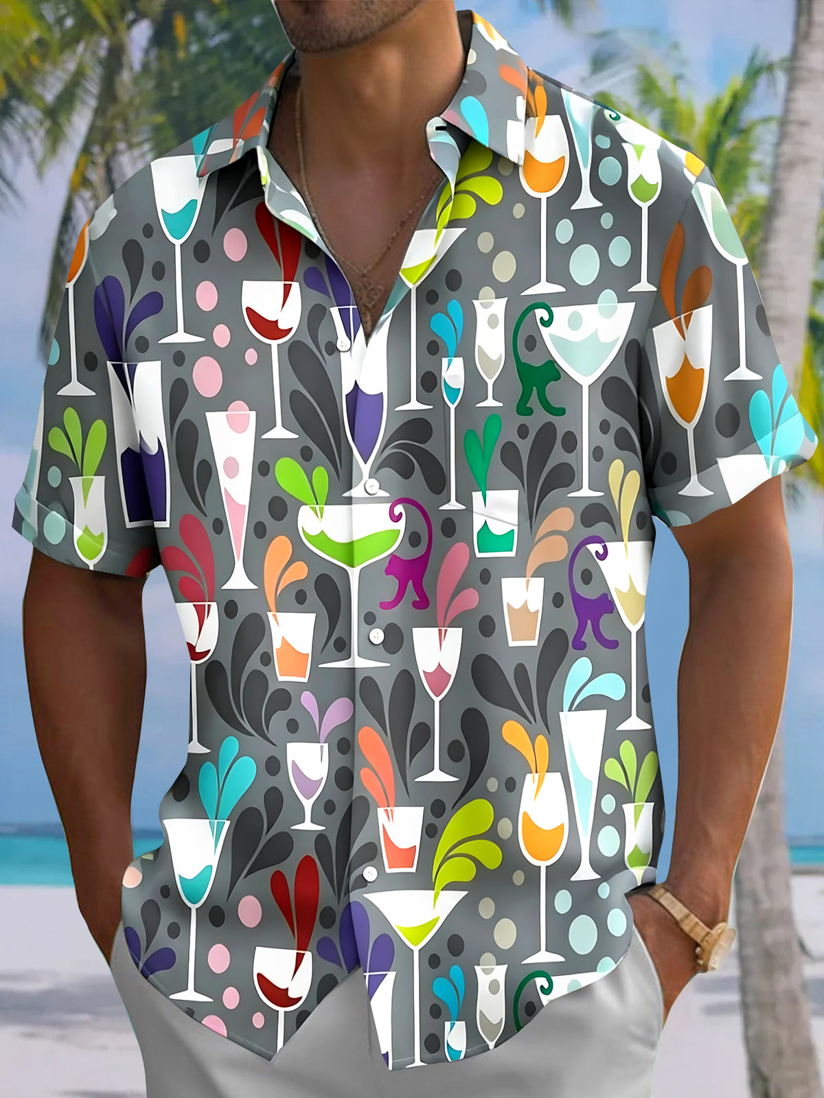 Adaychic Men's Hawaiian Wine Glass Pattern Short Sleeve Shirt with Chest Pocket