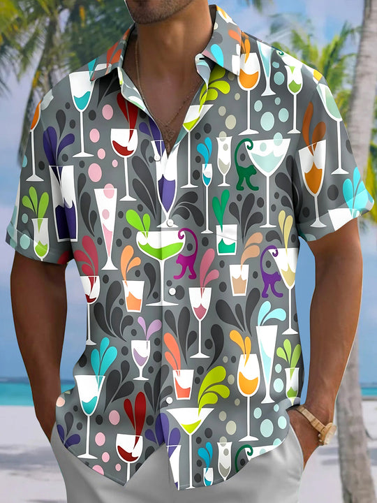 Adaychic Men's Hawaiian Wine Glass Pattern Short Sleeve Shirt with Chest Pocket
