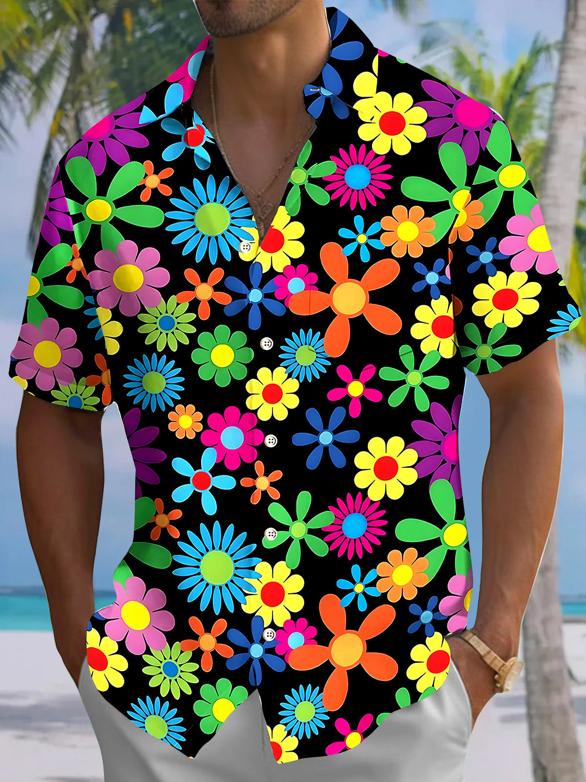 Adaychic Men's Hawaiian Colorful Daisies Print Short Sleeve Shirt with Chest Pocket