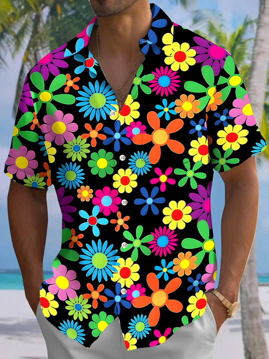 Adaychic Men's Hawaiian Colorful Daisies Print Short Sleeve Shirt with Chest Pocket