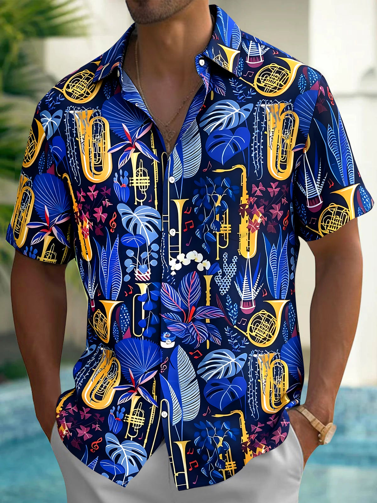 Adaychic Men's Golden Brass Instruments Print Short Sleeve Shirt with Chest Pocket