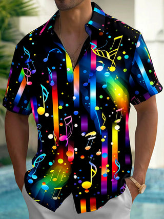 Adaychic Men's Graphic Colorful Musical Notes Print Short Sleeve Shirt with Chest Pocket