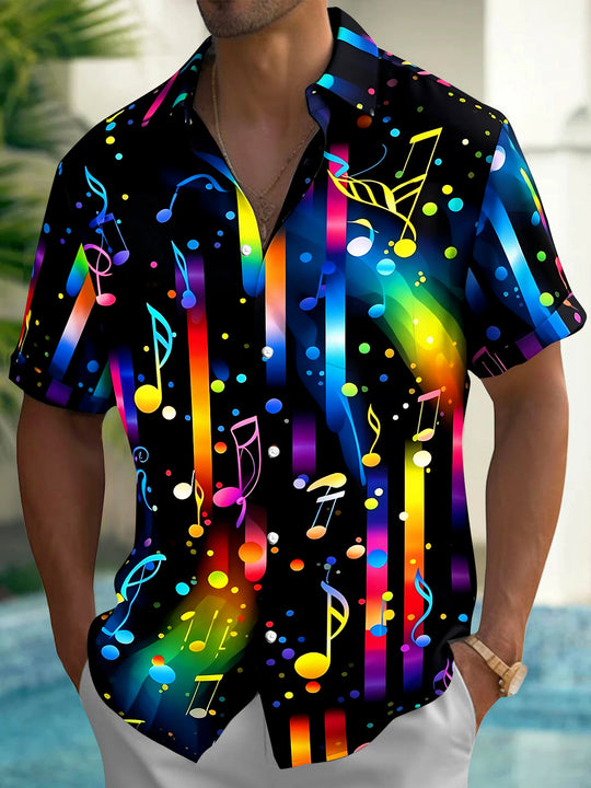 Adaychic Men's Graphic Colorful Musical Notes Print Short Sleeve Shirt with Chest Pocket