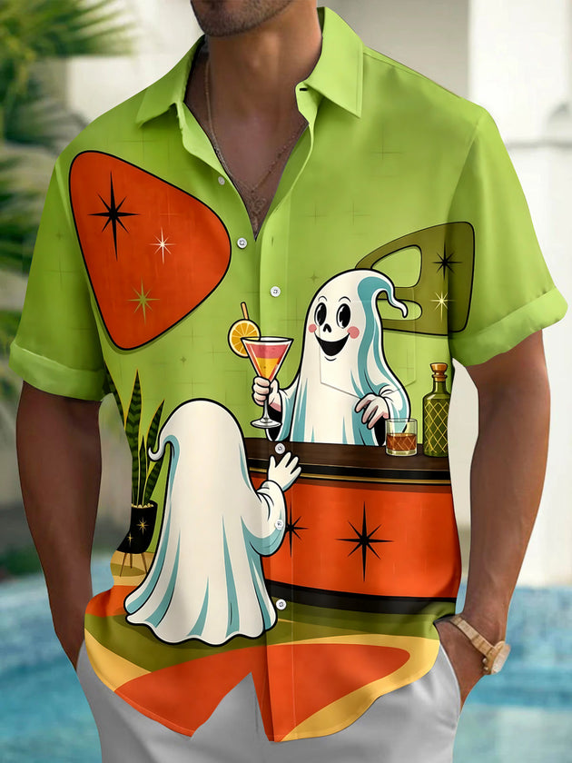 Adaychic Men's Vintage Style Ghost Bartender Print Short Sleeve Shirt with Chest Pocket