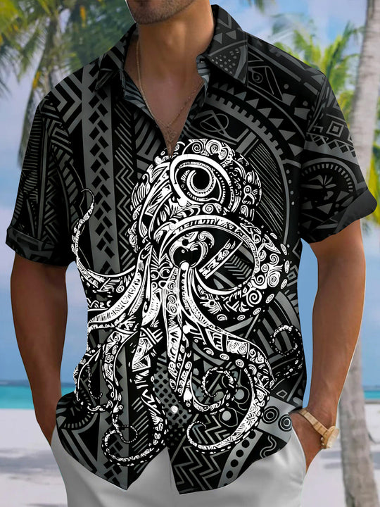 Adaychic Men's Hawaiian Octopus Totem Print Short Sleeve Shirt with Chest Pocket