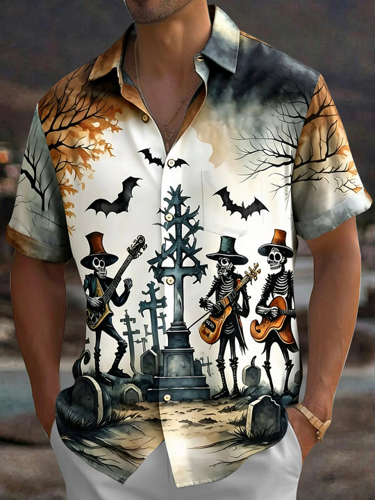 Adaychic Men's Hawaiian Skeleton Band Print Short Sleeve Shirt with Chest Pocket