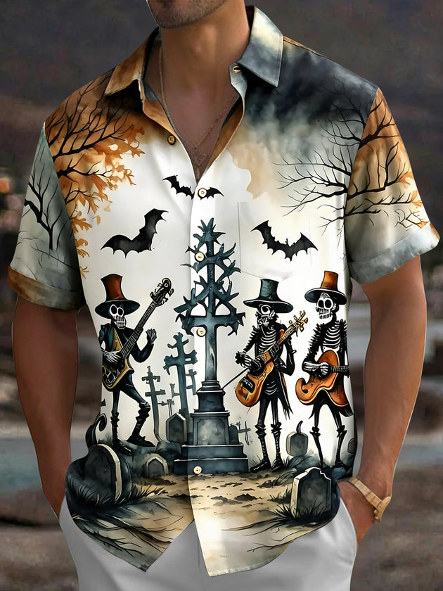 Adaychic Men's Hawaiian Skeleton Band Print Short Sleeve Shirt with Chest Pocket