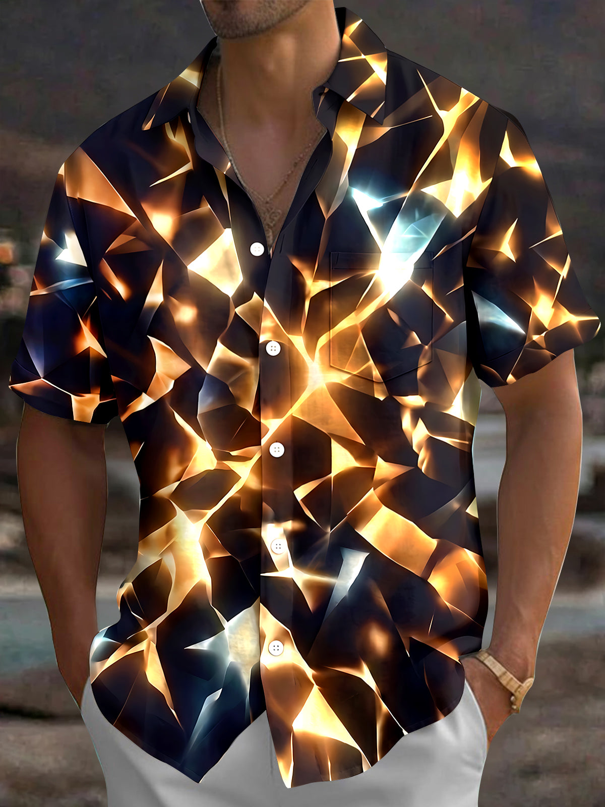 Adaychic Men's Golden Geometric Shards Print Short Sleeve Shirt with Chest Pocket