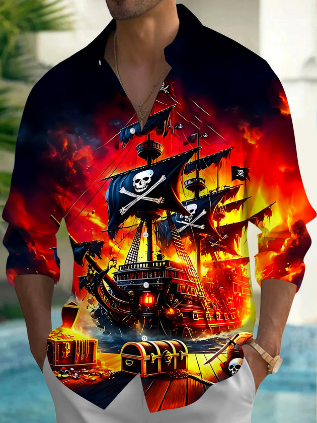 Adaychic Men's Pirate Ship With Skull Flag Print Long Sleeve Shirt with Chest Pocket