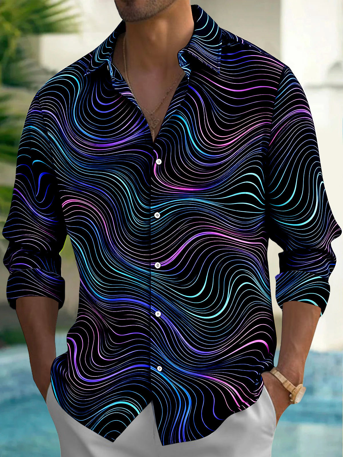 Adaychic Men's Geometric Wavy Neon Lines Print Long Sleeve Shirt with Chest Pocket