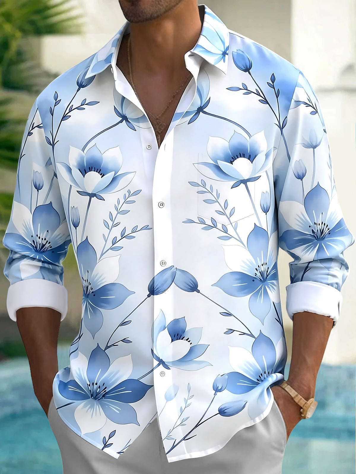 Adaychic Men's Floral Blue Floral Print Long Sleeve Shirt with Chest Pocket