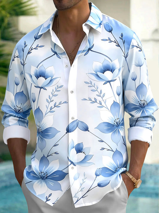 Adaychic Men's Floral Blue Floral Print Long Sleeve Shirt with Chest Pocket
