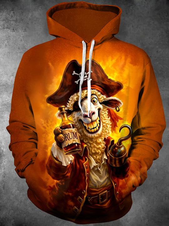 Adaychic Men's Graphic Pirate Sheep Character Print Long Sleeve Hoodie with Chest Pocket