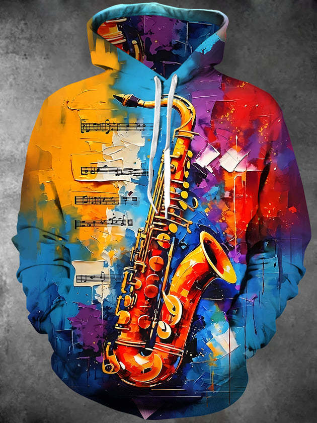 Tie Dye Music Saxophone Men's Long Sleeve Pocket Hooded Sweatshirt