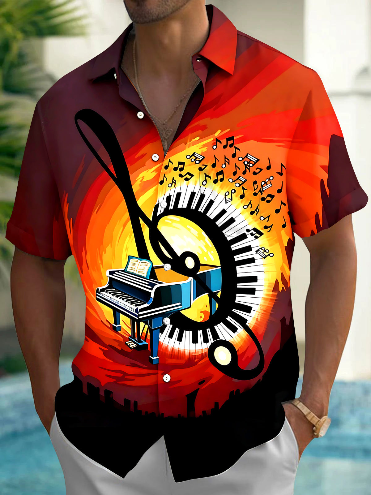Vintage Piano Musical Note Men's Pocket Short Sleeve Shirts