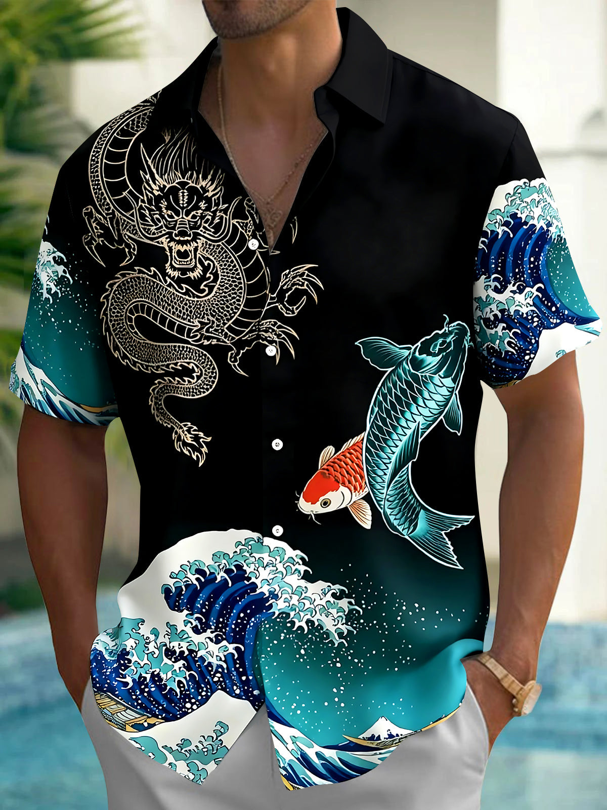 Dragon Perch Sea Wave Men's Pocket Short Sleeve Shirts