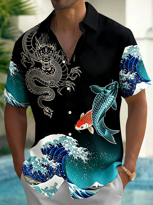 Dragon Perch Sea Wave Men's Pocket Short Sleeve Shirts