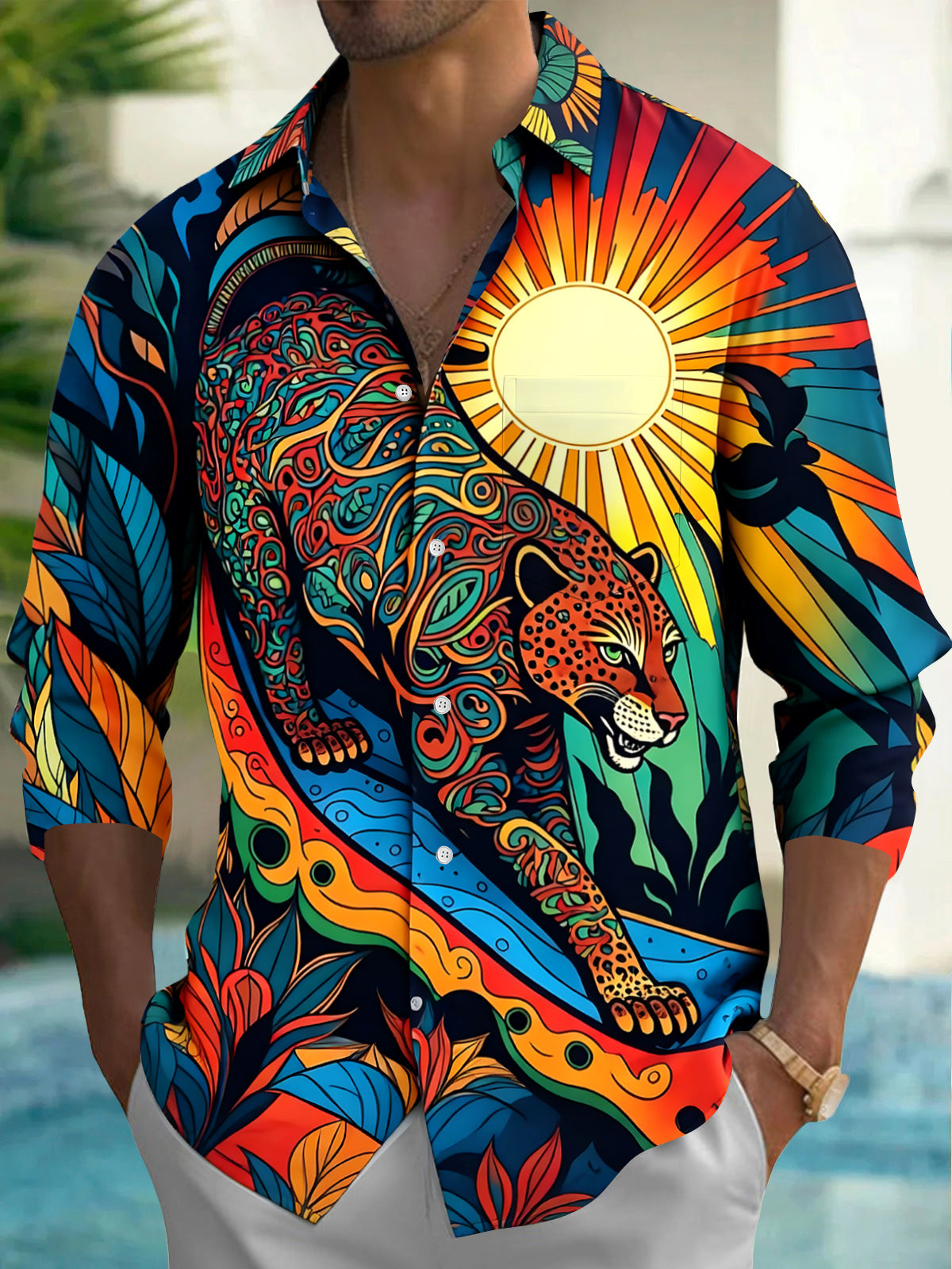 Vintage Cheetah Men's Pocket Long Sleeve Shirts
