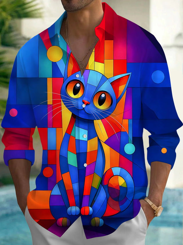 Colorful Geometry Cat Men's Pocket Long Sleeve Shirts